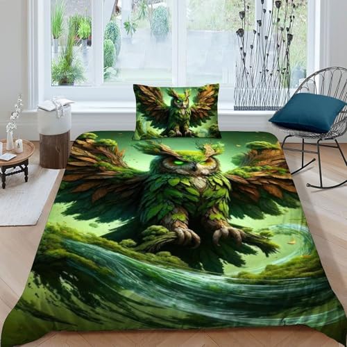 Housse de couette 3D enfants Green Owl parure de lit single 135x200cm