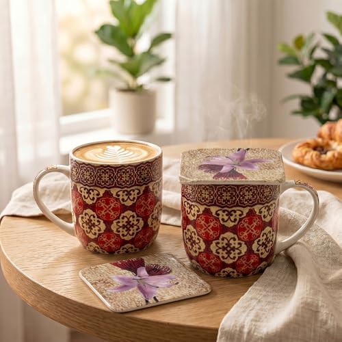 Image of U.P.C. Premium Bone China Ceramic Coffee Mug Set of 6 with 6 Coasters | Designer Tea & Coffee Cups |Printed Ceramic Mug Set | Tea Cups for Home,Office.
