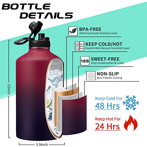 1 Gallon Insulated Water Jug - With Paracord Handle, Straw & Chug Lid, Water Bottles Holder With Strap, 128Oz Stainless Steel Large Water Bottle, Keep Hot 12H & Cold 48 For Travel Hiking Camping Work #TOP2