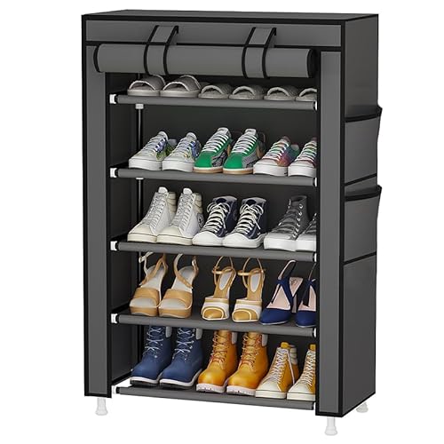 Calmootey 5 Tier Shoe Rack Organizer,Portable Shoe Shelf with Nonwoven Fabric Cover for Closet Hallway,Bedroom,Entryway,Grey