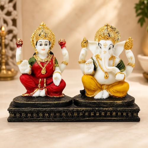 Image of ARMONIA Premium Laxmi Ganesha Idol for Home Decor & Pooja | 4.7 Inch Handmade Ganesh Murti | Marble Finish Polystone Lakshmi Ganpati Statue for Mandir, Office | Best Gift for Wedding & Housewarming