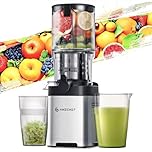 AMZCHEF Cold Press Juicer, 5.4" Extra Self-Feeding Juicer Machine Fit Whole Vegetables & Fruits, 2-in-1 Strainer (Juice & Nut Milk Maker), Space-saving, Easy to Clean, Stainless Steel