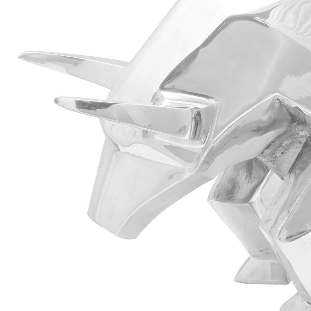 Silberne Bullen Figur Skulptur aus Aluminium, 74 x 23 x 30 cm Hochglanz, Deko Objekt für Wohnzimmer, Regal, Kaminsims, Fensterbank, Eingang, Sammlerfigur und Geschenk
