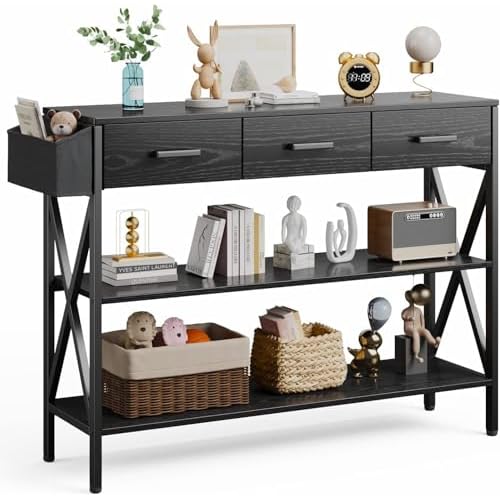 Gizoon 47" Entryway Table with 3 Drawers and 3 Tier Storage Shelves, Industrial Narrow Long Sofa Table, Farmhouse Style Console Table for Living Room,