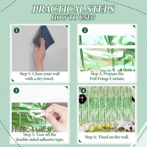 Image of DECOCKRAT 3 Pack Foil Fringe Backdrop - Light Green Shiny Tinsel Curtains for Party Decoration /Photo Booth Props - 3.3x8.2 FT Metallic Foil Backdrop for Birthday, Wedding, Graduation, Christmas