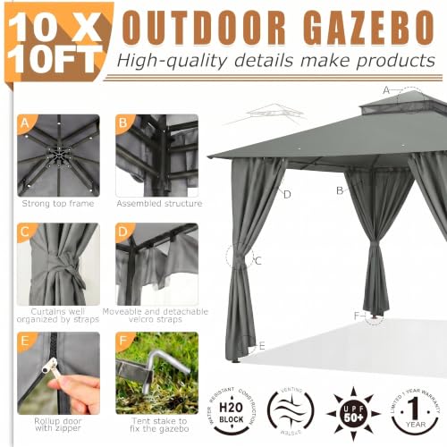Image of COBIZI 10x10 FT Outdoor Gazebo, Soft Top Patio Gazebo with Ventilated Double-Tier Roof, Heavy-Duty Metal Frame Canopy with Removable Privacy Curtains for Backyard, Garden, Lawn, Gray