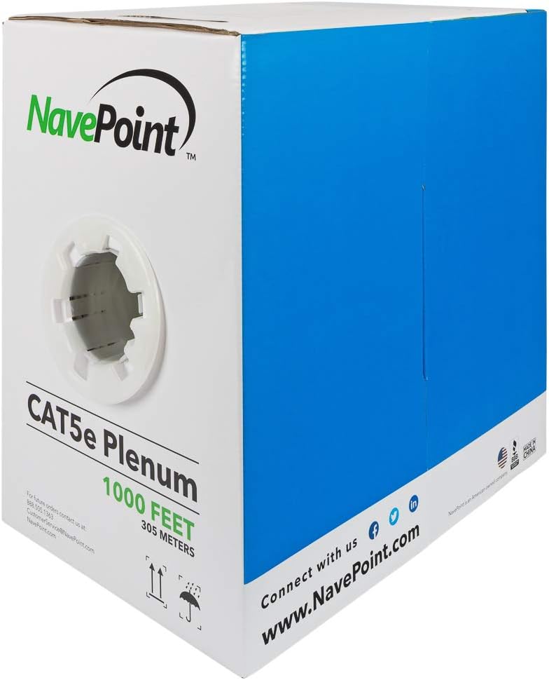 NavePoint Cat5e Plenum Jacket, 1000ft, Black, Copper Clad Aluminum Bulk Ethernet Cable, 350MHz, 24AWG 4 Pair, Unshielded Twisted Pair (UTP)