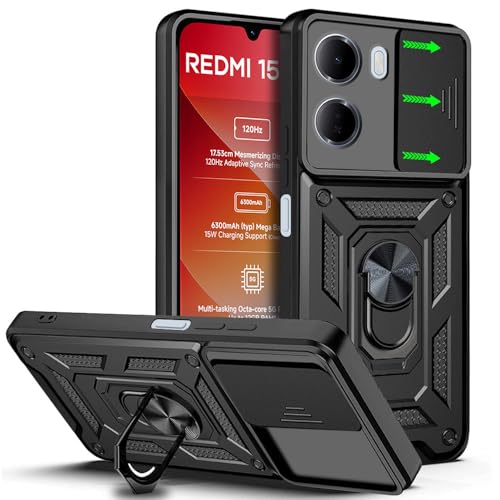 Image of AESTMO Tough Armor Redmi 15A 5G Bumper Back Case Cover | Ring Holder & Sliding Camera Shield Cover | 360 Degree Protection Back Case Cover for Redmi 15A 5G (Black)