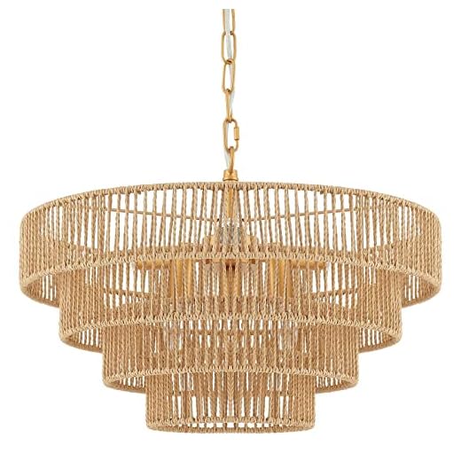ELYCCUPA 6-Lights Hand-Woven Rattan Pendant Light 4 Round Transitional Minimalist Boho Large Pendant Light for Kitchen Island Dining Room Living Room Hallway, Dia 20 Inch, UL Listed