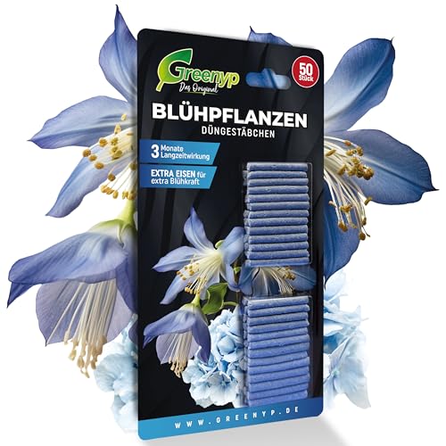 Greenyp 50x Blühpflanzen Düngestäbchen für alle Zimmerpflanzen Balkonpflanzen und Kübelpflanzen I Universal NPK Blumendünger I Langzeitdünger mit Extra Eisen und 3 Monate Düngekraft