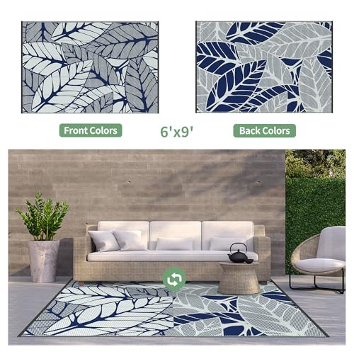 Image of GENIMO Outdoor Rug, Waterproof Plastic Rugs for Patio, 6'x9' Azure White | Outside Larger Leaf Carpet Mat for Porch Decor, Deck, Balcony, Camping, RV, Backyard, Picnic, Beach, Reversible, Foldable