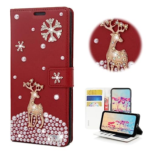 STENES Bling Wallet Phone Case Compatible with T-Mobile REVVL 7 Pro 5G Case - Stylish - 3D Handmade Snow Deer Design Magnetic Wallet Stand Girls Women Leather Cover - Red