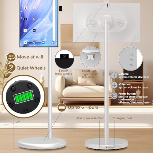 Image of 27 inch FHD Smart Portable TV, Rolling TV on Wheels, Android 15 OS, 6G +128GB Storage, Portable Touch Screen Monitor, 13MP Camera, Built-in Battery, 60Hz Refresh Rate, Full Swivel Rotation, Voice Remote