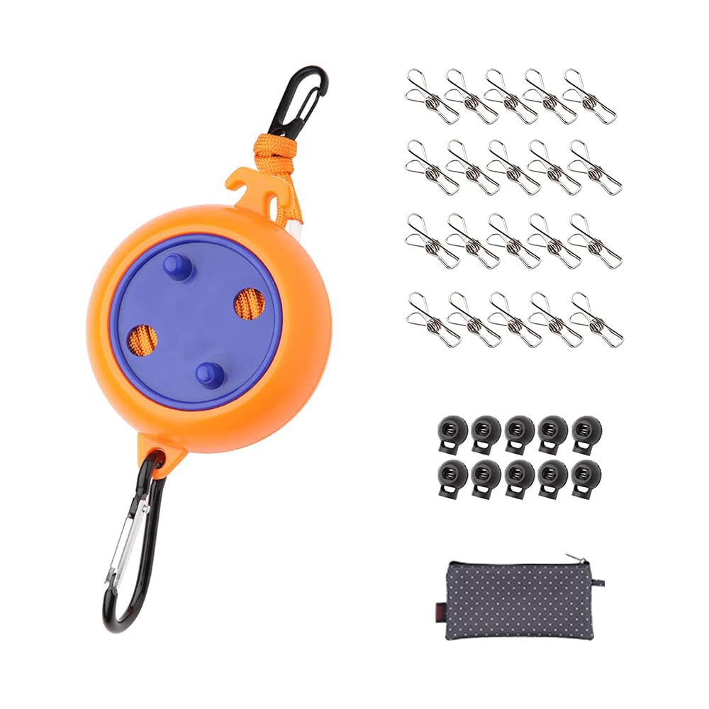 Portable Travel Clothesline Cord Kit, Adjustable 26ft Camping Clothes line, Laundry Drying Rope for Hotel Trip, Cruise, Outdoor/Indoor, with 10 Stoppers, 20 Windproof Clothespins,1 Storage Bag