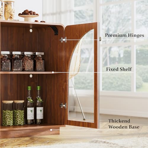 Image of Sideboard Buffet Cabinet with Storage, 68 inch Walnut Credenza Accent Cabinet Buffet Table w /4 Arched Glass Doors & LED Light, Modern Coffee Bar Liquor Cabinet w /2 Shelves for Kitchen Entryway