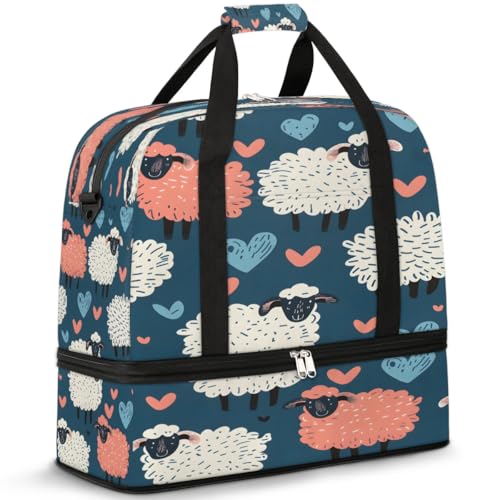 Travel Duffel Bags Cute Animal Sheep Foldable Weekender Bags for Women with Shoes Compartment Waterproof & Tear Resistant Carry on Overnight Luggage Duffel Bag Shoulder Sports Tote Bag