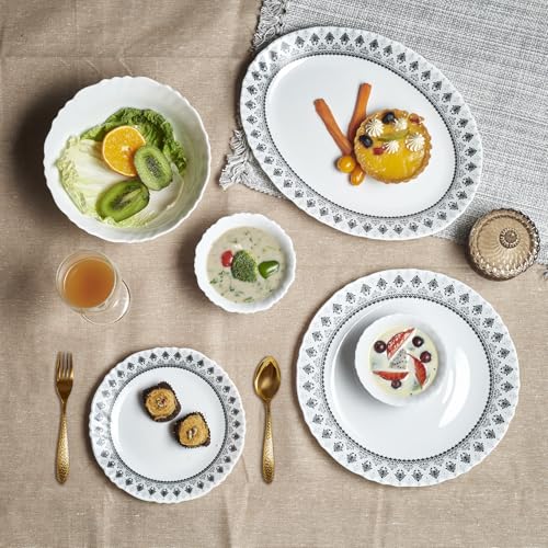 Image of CELLO Damask Imperial Plus Series Opalware Dinner Set of 27 Pieces For Family of 6 | Bone-Ash Free & Leadfree Opal Glass Microwave & Dishwasher Safe Crockery Plates & Bowls Set For Daily Use & Gifting