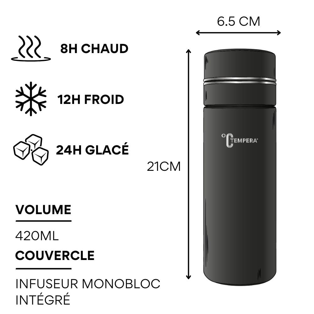 TEMPERA Bouteille Infuseur isotherme - 420ml | Double Paroi Acier inoxydable 316, Sans BPA | Filtre monobloc intégré | Étanche, Garde le chaud 8h, Froid 12h | Maté - Thé - Infusion