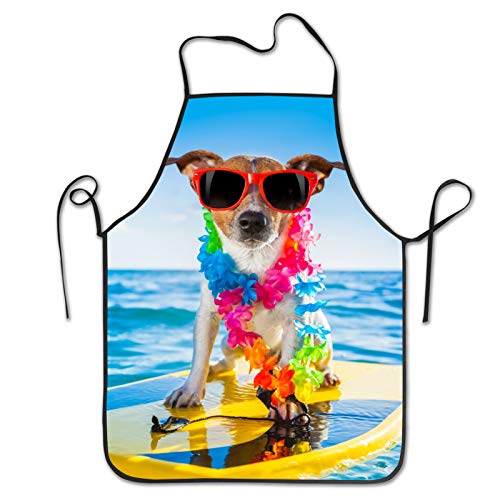 INTFULIHU Dog Wearing A Flower Chain and Sunglasses On A Surfboard Apron Seaside Animals Men and Women Kitchen Apron for CookingBakingCraftingGardeningBBQ