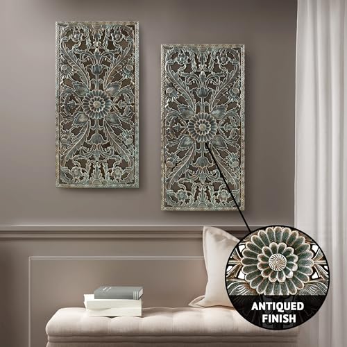 Image of Madison Park Carved Wood Wall Art 2 Piece, Floral Wooden Carving Wall Decor, Blue Wall Art Living Room Bedroom, Copper Embellished Boho, Ready to Hang, 15.75 inchW x 31.5 inchL, Patina Blue