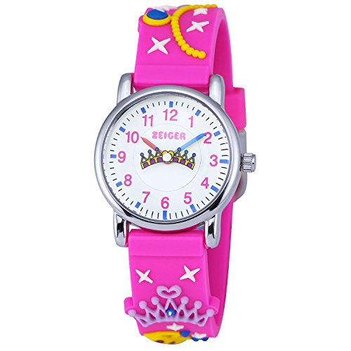 KZKR Kinderuhr Mädchenuhr Lernuhren Quarz Uhr Rosa Krone Silikon Armbanduhr K040