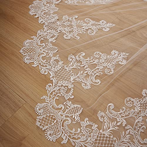 EllieWely Véu de Noiva Longo com Lantejoulas E 2 Camadas, Comprimento Catedral, Renda, F09, 3 M, Mar