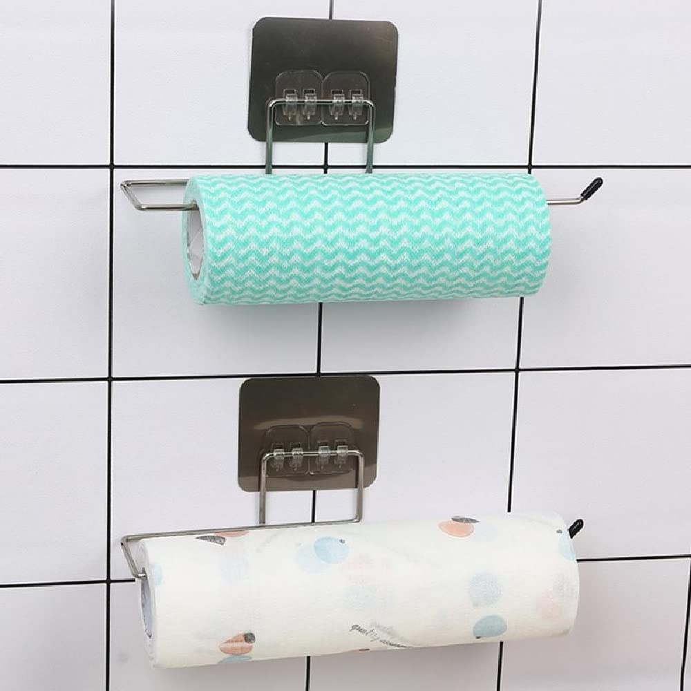 Mahi Enterprise® Stainless Steel Self Paper Roll Holder Tissue Paper Stand Towel Bar Hanger for Kitchen Bathroom Toilet with Magic Adhesive Pad and Kitchen Paper Roll Holder (Pack of 1) 2