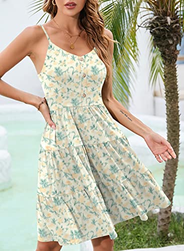 Image of YATHON Sundresses for Women Casual Summer Beach Sleeveless Spaghetti Strap Dress Button Down Ruffle Flowy Pleated Dresses