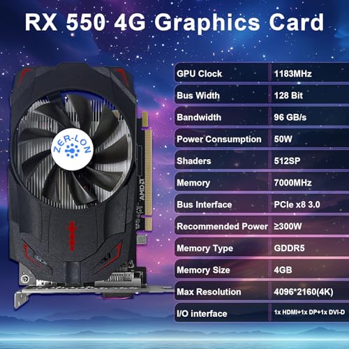 ZER-LON Radeon RX 550 4GB Graphics Card, GDDR5 128 Bit PCIE 3.0 Computer Gaming Gpu, 1183MHz Video Card with HDMI/DP/DVI Ports Support 4K