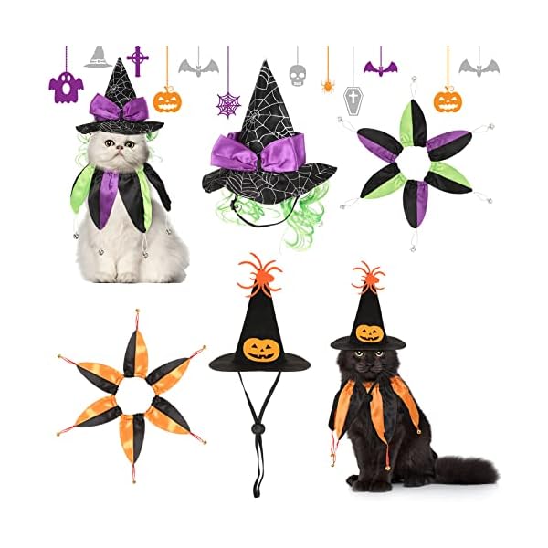 4 pcs halloween cat witch costumes witch cat hats and collars with bells funny wizard costumes cat halloween apparel accessories for small dogs and cats halloween party cosplay decorations supplies