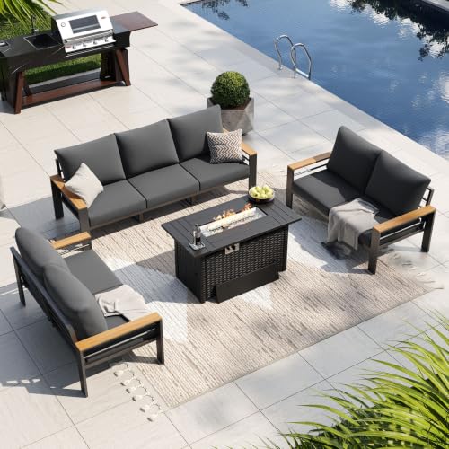 Image of Aoxun Patio Furniture Set, Aluminum Patio Set with Fire Pit Table and 5 inch Thicken & Washable Cushion, Waterproof Outdoor Furniture, Outdoor Couch Sectional for Backyard (LS-7 Seats /F, Dark Grey)