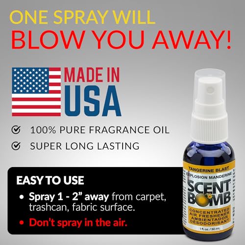 Image of Scent Bomb Air Freshener Spray, Long-Lasting Odor Eliminator - Effective Deodorizer for Home & Car, Fresh Room Spray for Kitchen, Bathroom & Smell Neutralizer - 1 oz Pack of 4, Tangerine Scent