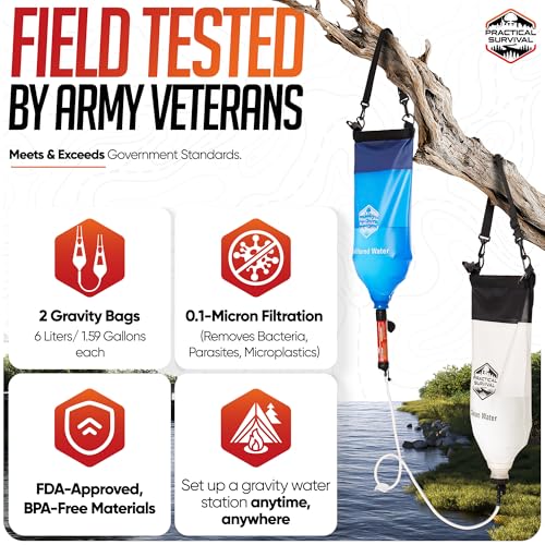 Gravity Water Filtration System – 2 High Capacity Lightweight Hanging Bags for Backpacking, Camping, Survival, Hiking, Hunting - Dirty, Clean Water Bags, Water Filter and Cleaning Plunger Included