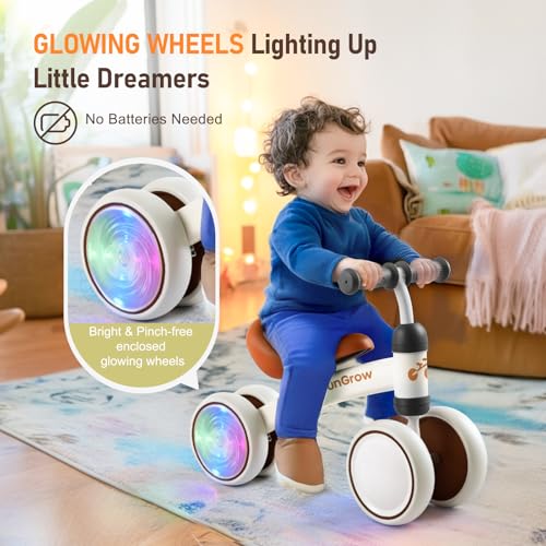 Image of Colorful Lighting Baby Balance Bike Toys for 1 Year Old Girl Gifts, Balance Bike 1 Year Old No Pedal, 12-24 Months Toddler Ride on Toys with 4 Silent Wheels & Soft Seat, 1st Birthday Gifts, White