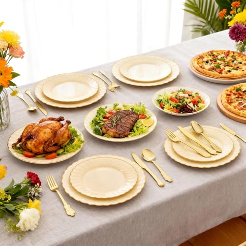 175 Pc Ivory Scalloped Plastic Plates Set | Complete Plates and Napkins Party Supplies for 25 Guests with Gold Cutlery, Cups & Napkins | Fancy Plastic Dinnerware Sets for Weddings (Beige-Set3) — view 2