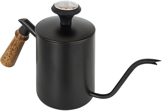 SOTECH Coffee Kettle, Drip, Fine Mouth, Kettle, Direct Flame, 20.3 fl oz 600 ml | Stainless Steel Camping Outdoor Wooden Handle Built-in Thermometer Gooseneck Black