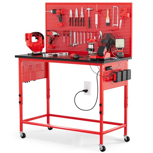 Work Bench, Ferreteriai 47' Heavy Duty Workbench with Power Outlet & USB-C, Exclusive Red Side Battery Holder, Adjustable Height, 2100LB Capacity, Locking Wheels for Garage Workshop