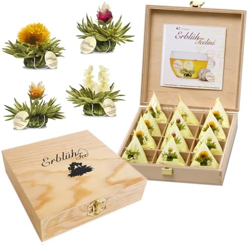 Creano Teelini Teeblumen im Tassenformat, Geschenkset in Teekiste aus Holz, 12 ErblühTeelini in 4 Sorten, Weißer Tee, Geschenk für Frauen, Mutter, Teeliebhaber
