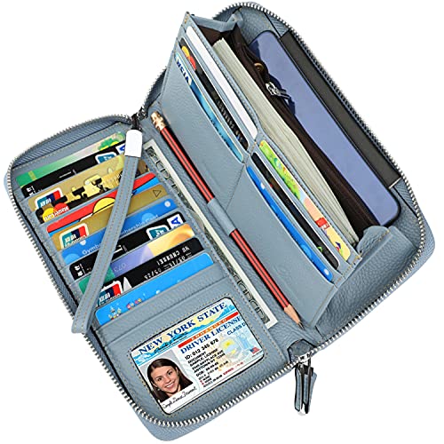 Lavemi Women's RFID Blocking Leather Zip Around Wallet Large Phone Holder Clutch Travel Purse Wristlet(Large Size Light Blue)