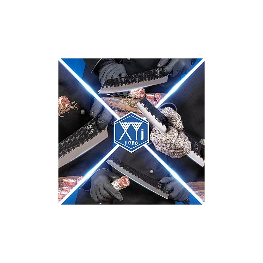 Authentic-XYJ-Since-1986Cooking-Chef-Knife-With-Knife-Guards-ProtectorSharpener-RodSlicing-Vegetable-KnivesCamping-Butcher-KnivesKitchen-CuttingCurved-Full-TangHigh-Carbon-Steel-115-Inch XYJ Japanese Chef Knife With Knife Guards Protector,Carving Brisket Knives,Camping Butcher Kitchen Knives,Curved Full Tang (11.5 Inch)