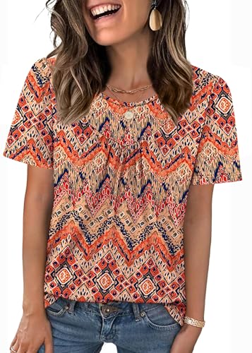 WIHOLL Womens Plus Size Peplum Tops Round Neck Short Sleeve T Shirts Spring Summer Clothes Resort Wear for Women 2026 Hide Tummy Flattering Fit Bohemia 3XL