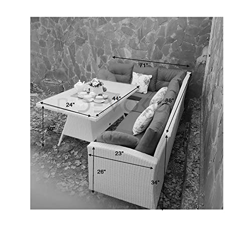 Image of DEVOKO 3 Piece Outdoor Patio HDPE Wicker Sectional Dining Sofa Rattan Conversation Furniture Set with Table (White and Sky-Blue)