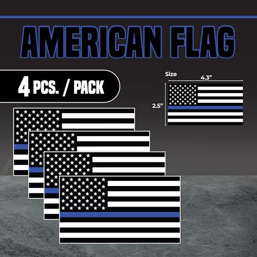Image of | Thin Blue Line American Flag Decal (4 Pack), Size 4.3x2.5 Inches - Durable, Strong Adhesive, Waterproof Thin Blue Line Stickers and Decals Perfect for Cars, Laptops, and More