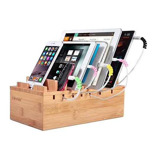 Ollieroo Bamboo Charging Station for 7 Devices, Charging Dock Stand Organizer for Cell Phone, Tablet, Cords Cable Organizer