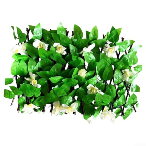 Valla de hojas artificiales expandible con flores blancas, hiedra verde, seto para decoración de jardín al aire libre, 40 x 200 cm