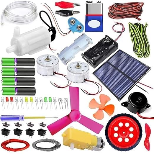 SP Electron DIY Hobby Experiment kit Motor, Pump, LED, Switch, Wire, Screw Driver, Solar Panel, Buzzer, Fan, Geared Motor, Wheel, 9v Connector, 9v, AA Holder, Pipe, Cell, Clips etc