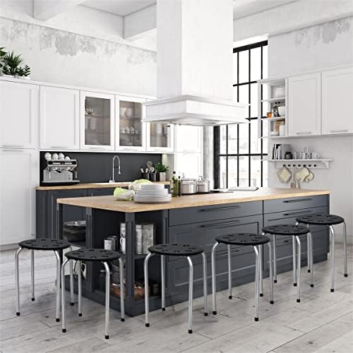 TANGZON Set of 6 Plastic Stacking Stools, Powder Coated Steel Legs Round Breakfast Dining Stool with Non-Slip Mats, Flexible Seating Stool Chairs for Home, Kitchen, Office & Classroom (Black + Gray)