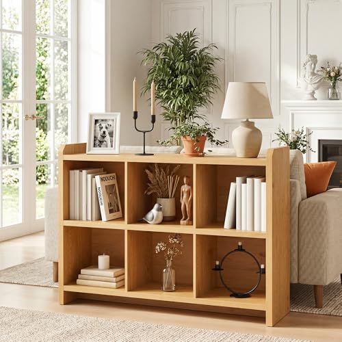 Image of 6 Cube Low Storage Organizer, 45 inch Long Horizontal Bookshelf, Natural