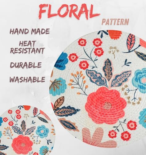 Image of LaVichitra Cotton Table Placemat | Dining Table Mat | Bed Side Table Mat | Cotton Round Shape Placemats | Washable PlaceMat for Shelves & Plant Pots - Pack of 2, Floral Print
