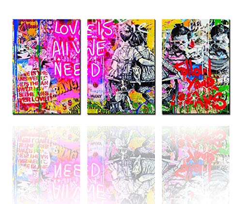 Graffiti Street Art Banksy Canvas Wall Art For Living Room Decor 3 Pieces Little Couple Picture Print Pop Artwork Lovely Kitchen Wall Decor Abstract Artwork Home Decor Room Wall Pictures 60X28 Inch #TOP3